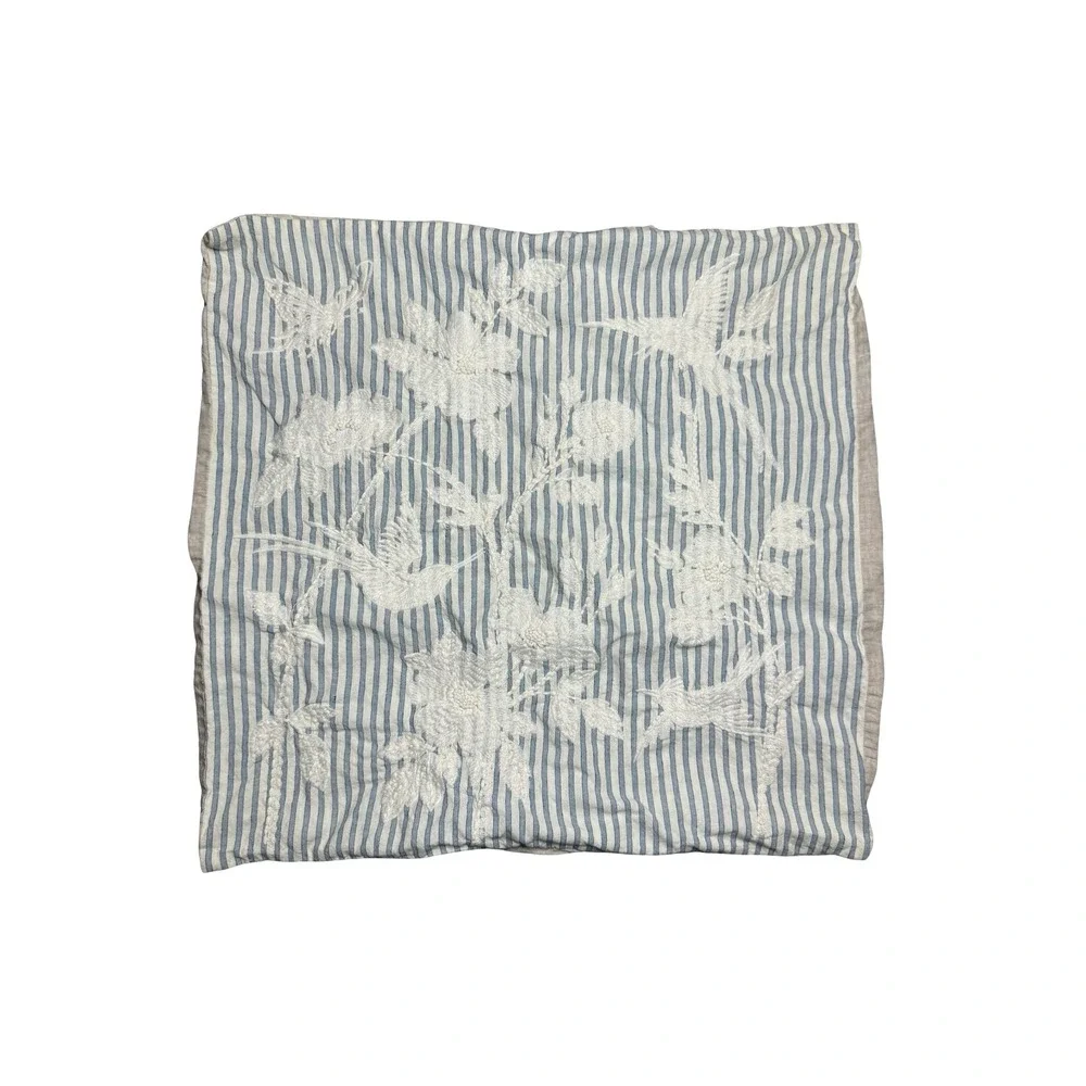 Pottery Barn Hummingbird Embroidered Ticking Stripe Pillow Cover Blue White